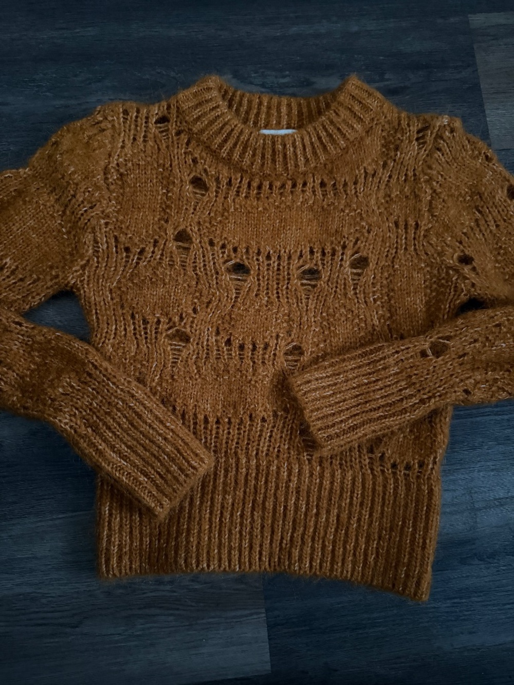 H&M Wool Alpaca Knit Crochet Sweater Size S Small Burnt Orange Ribbed Crew Neck